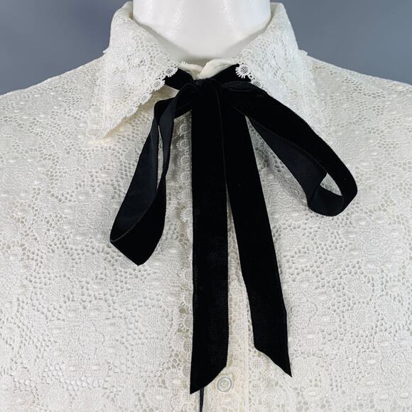 L White Macrame Lace Cotton Blend Bow Long Sleeve Shirt - Picture 2 of 10